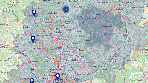 Screenshot Karte mit Standorten der Hessischen Landesstelle für Technologiefortbildung